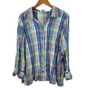 CJ Banks Button Up Top Plus Size 1X Madras Plaid Tartain Career Pink Teal Green